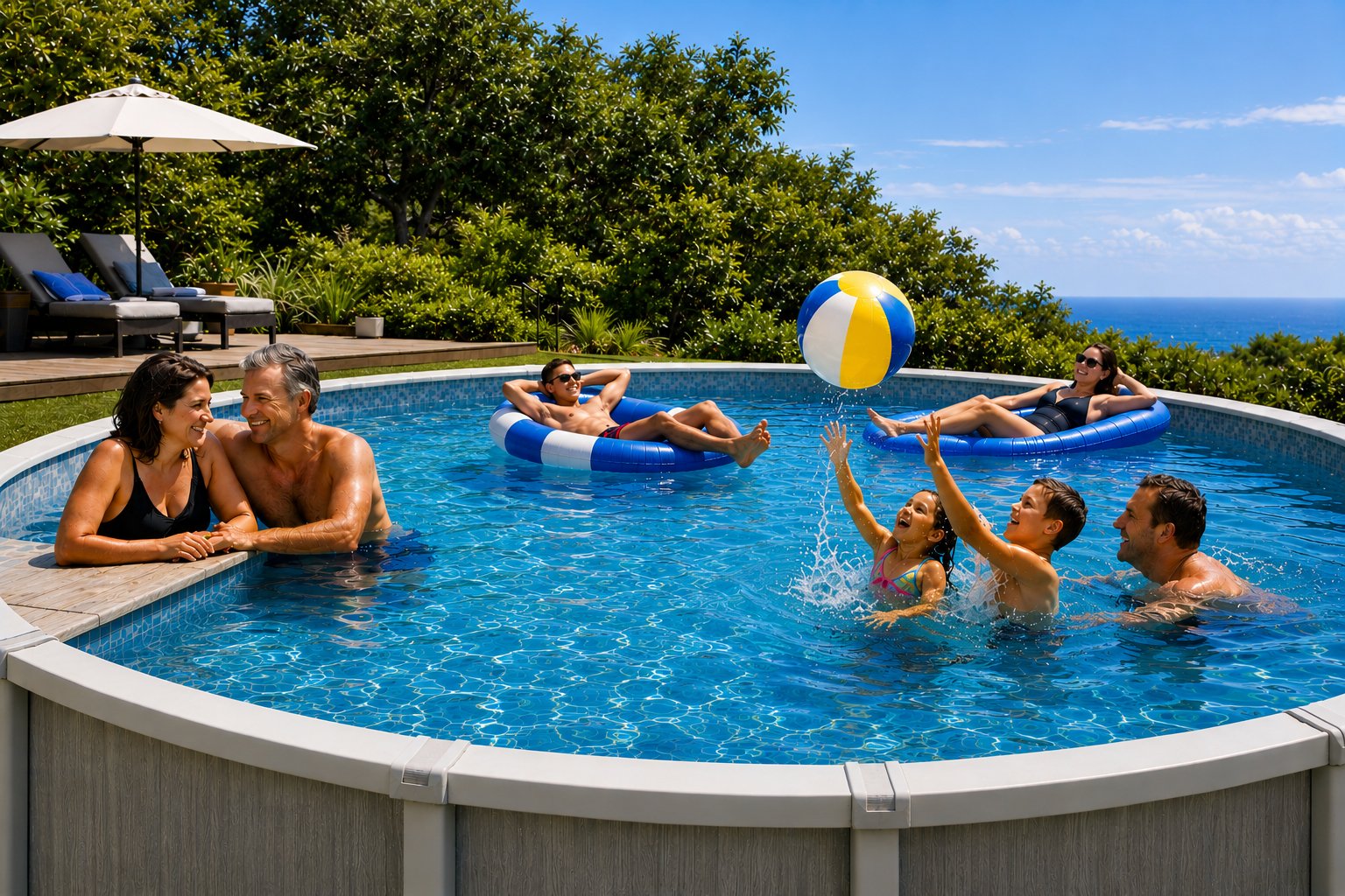 Family enjoying a backyard pool
