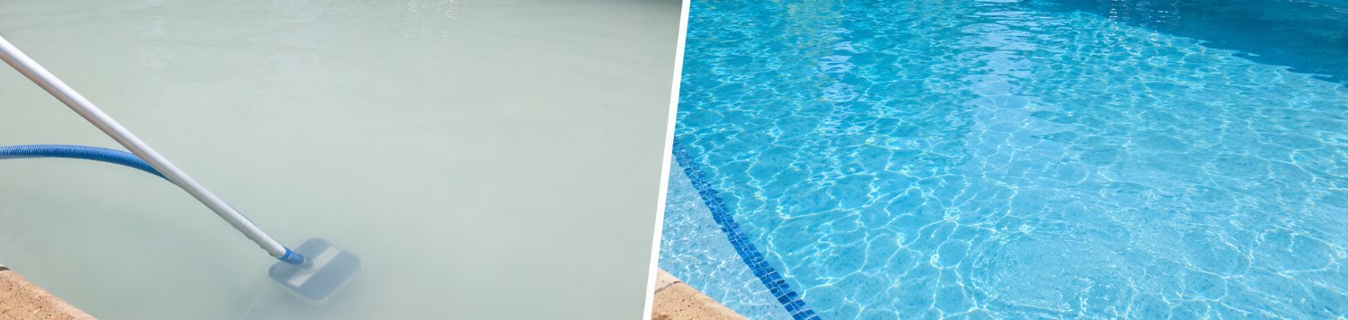 Cloudy swimming pool water being cleaned and restored